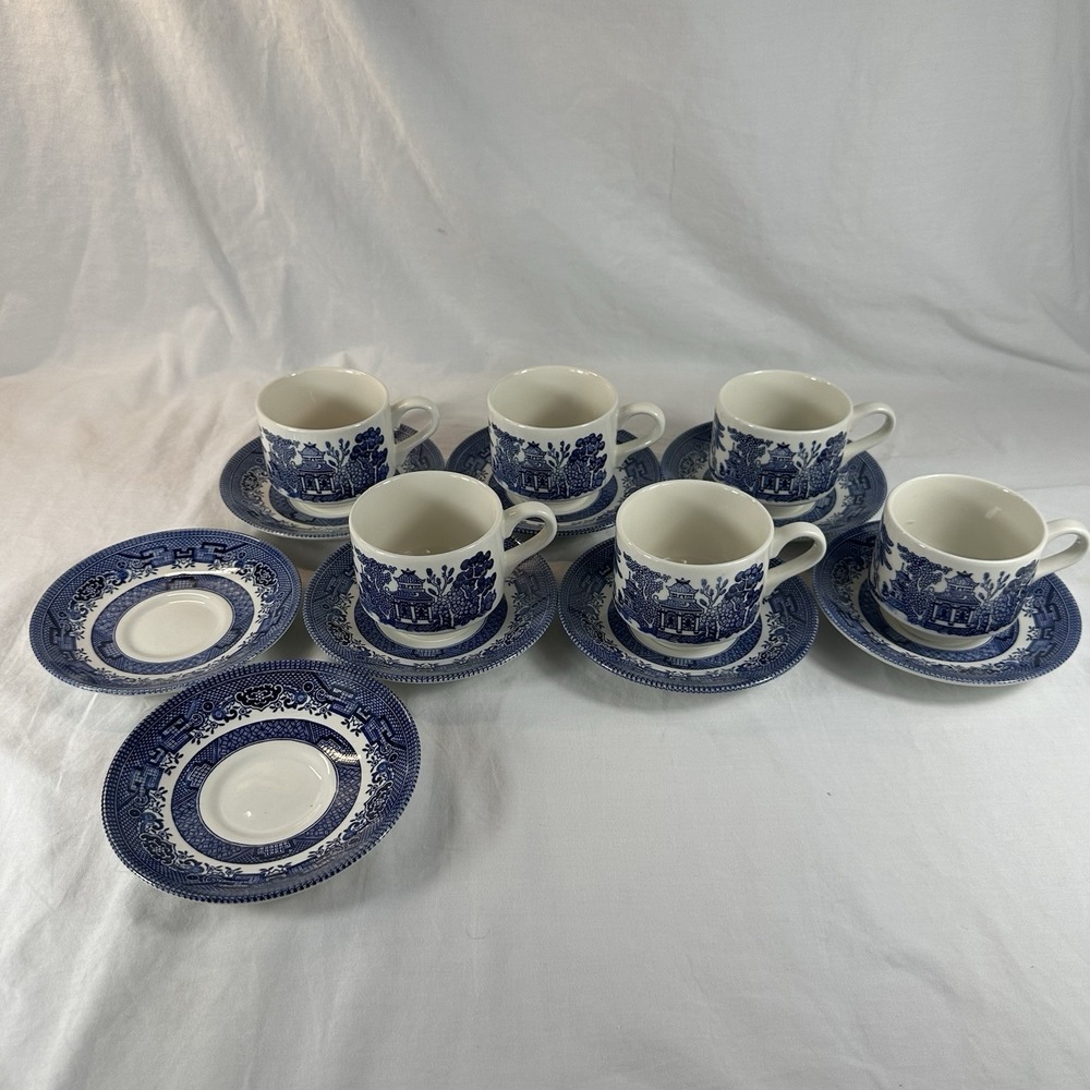 Churchill England Blue Willow 14pc Set - NO CRAZING - 6 Cups 8 Saucers PRISTINE